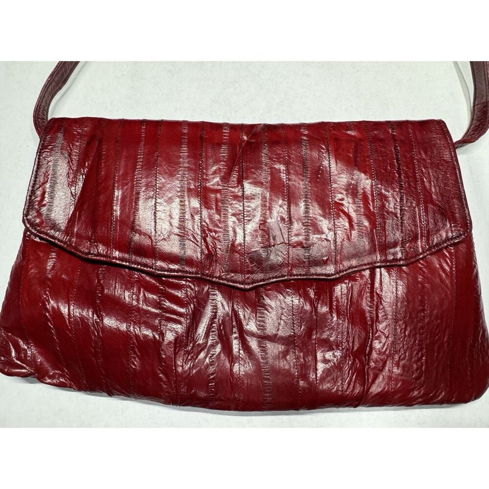 Vintage 80s Red Leather Envelope Shoulder Bag Foldover Clutch Made in Korea
